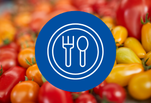 Ein blauer Kreis mit dem Symbol eines Tellers mit einer Gabel und einem Löffel befindet sich auf einem Hintergrund mit einer Vielfalt von Pflaumentomaten in rot, orange und gelb