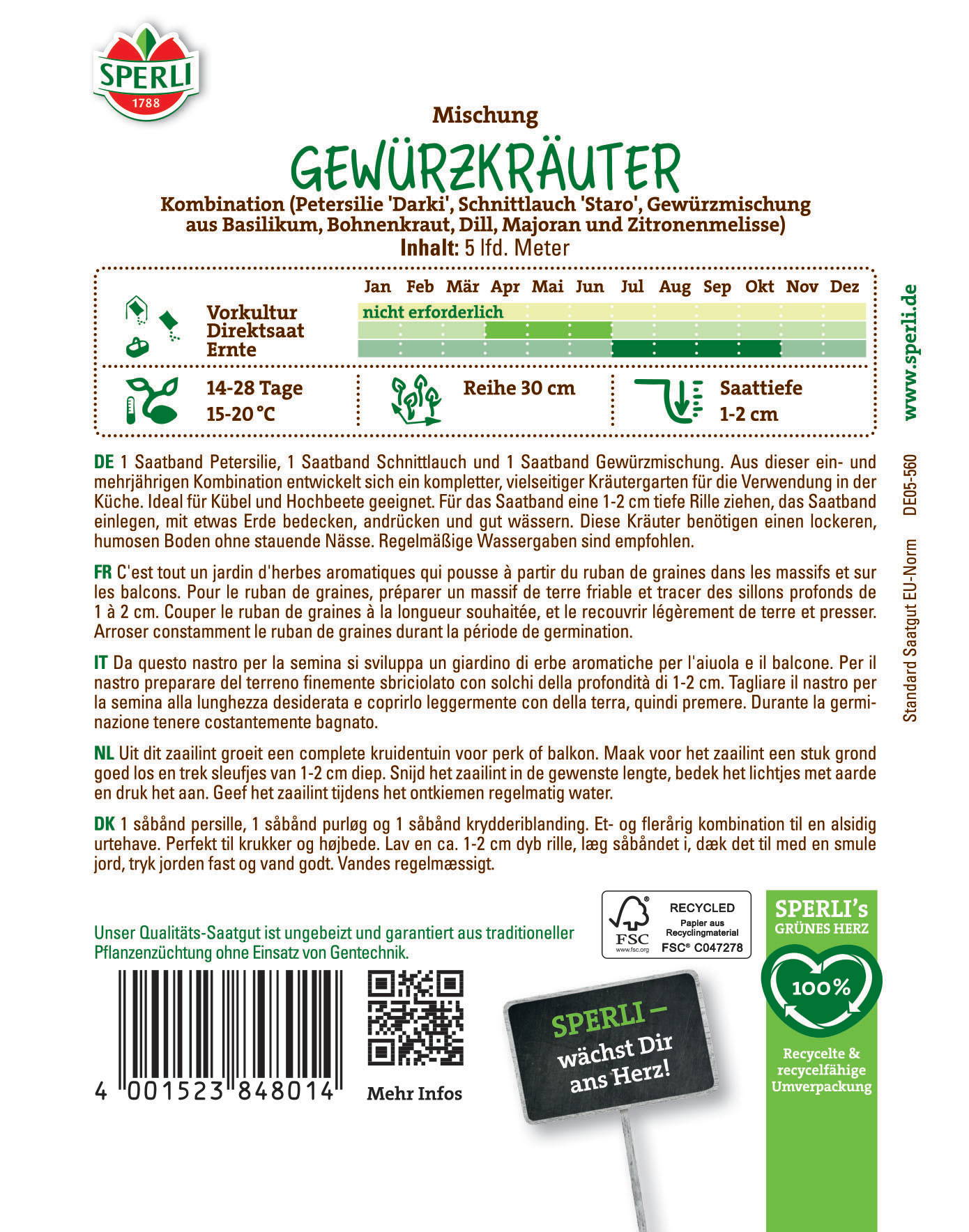 Gewürzkräuter Mischung aus Petersilie, Schnittlauch, Basilikum, Bohnenkraut, Dill, Majoran und Zitronenmelisse.