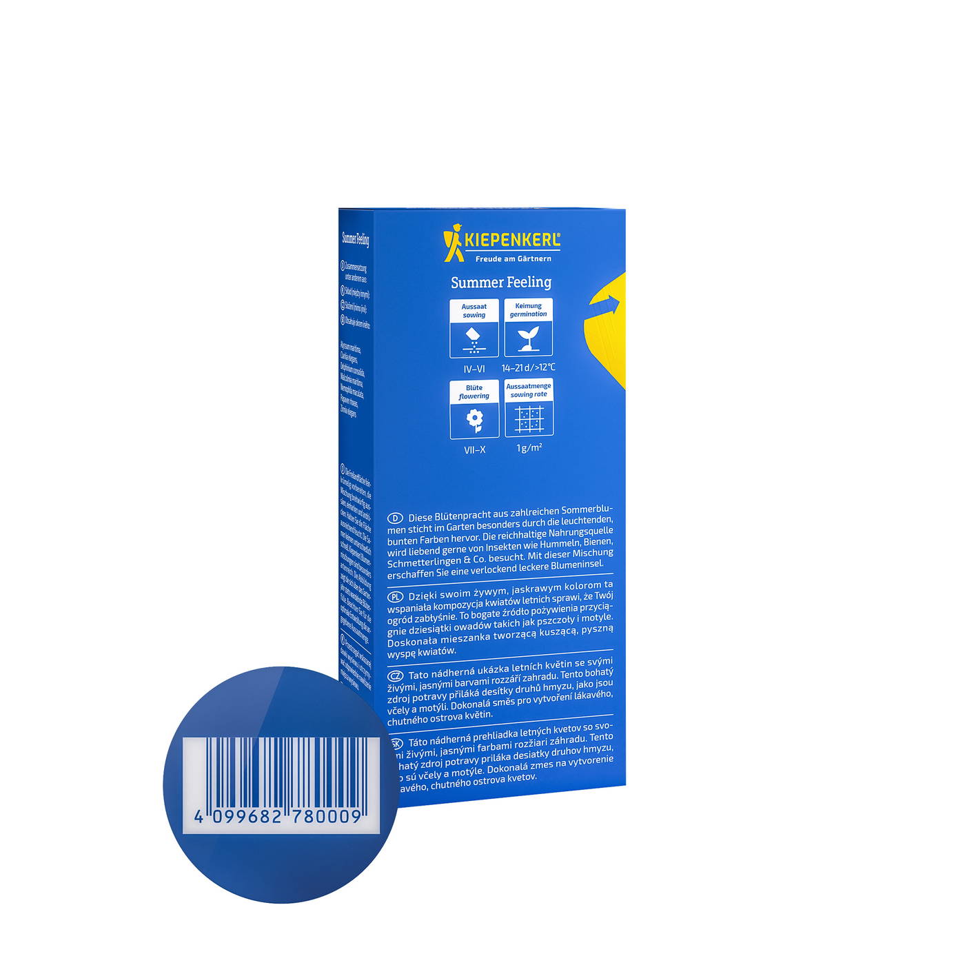 Blaue Verpackung mit weißem Text und Symbolen, auf der ein Barcode sowie Produktinformationen in mehreren Sprachen sind.