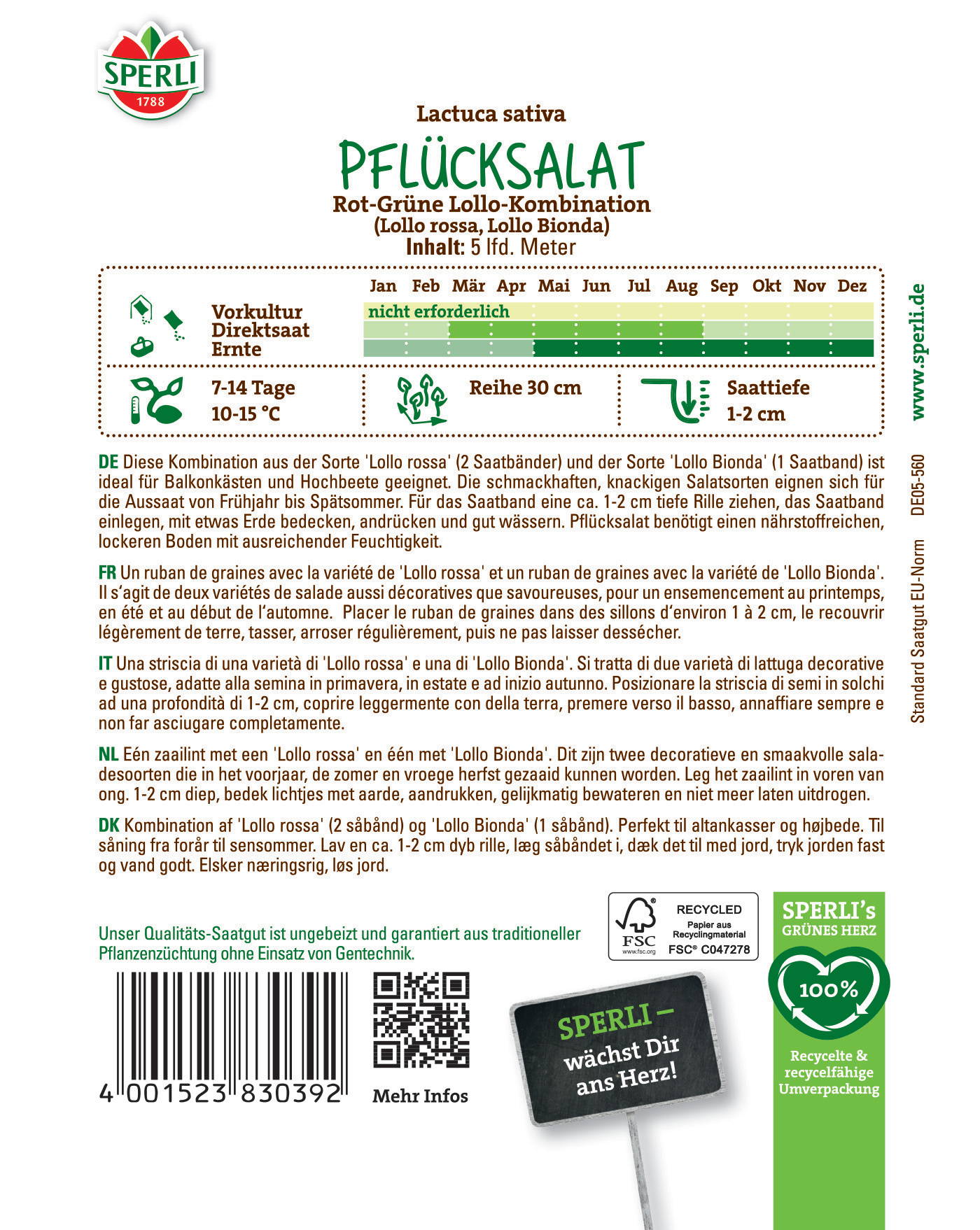 Pfälzersalat mit roten und grünen Lollo-Salat, Wasserwurz und Samen, Verpackung, Barcode, QR-Code, Text.