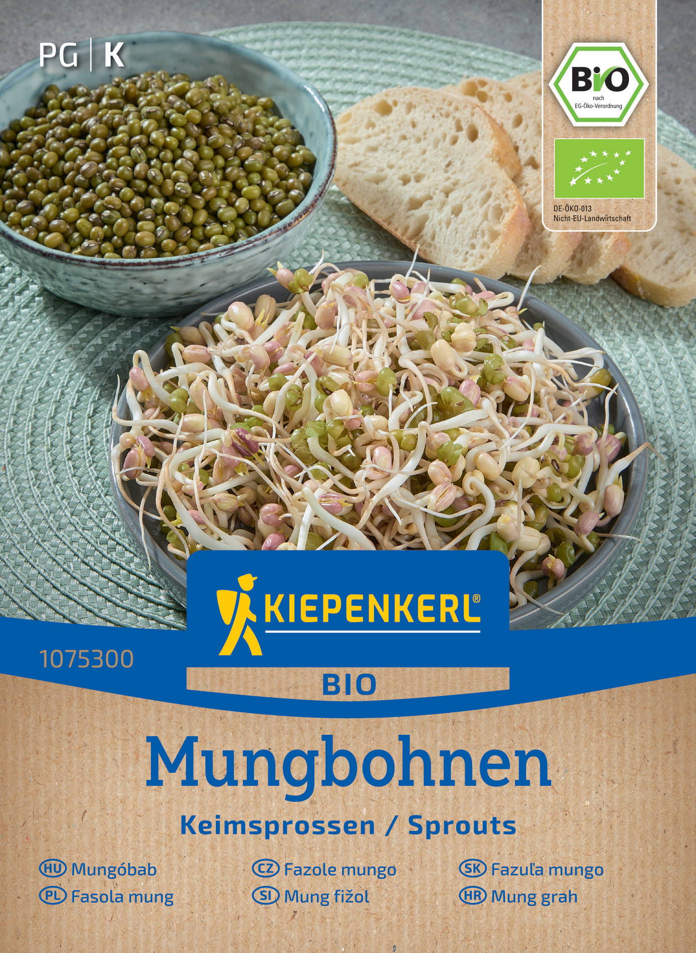 Schüssel mit grünen Mungobohnen, Schüssel mit Mungosprossen, Scheiben Weißbrot auf grauem Hintergrund.