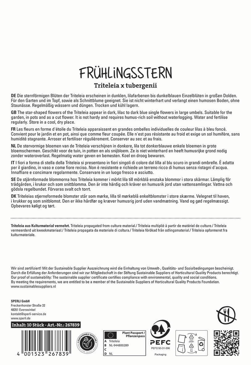 Text auf Verpackung mit Beschreibung der Triteleia x tubergenii Blüten, Pflegehinweisen und Zertifizierungen.