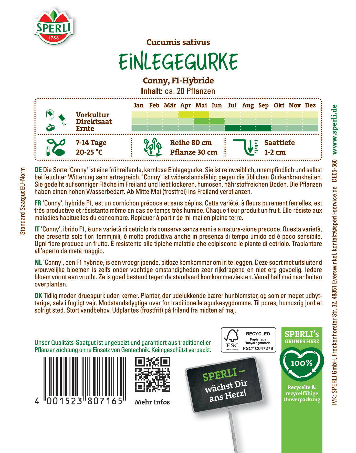 Pflanzenetikett für Einlegegurken, zeigt Wachstumszeiten, Pflanzabstände, Infos in mehreren Sprachen.
