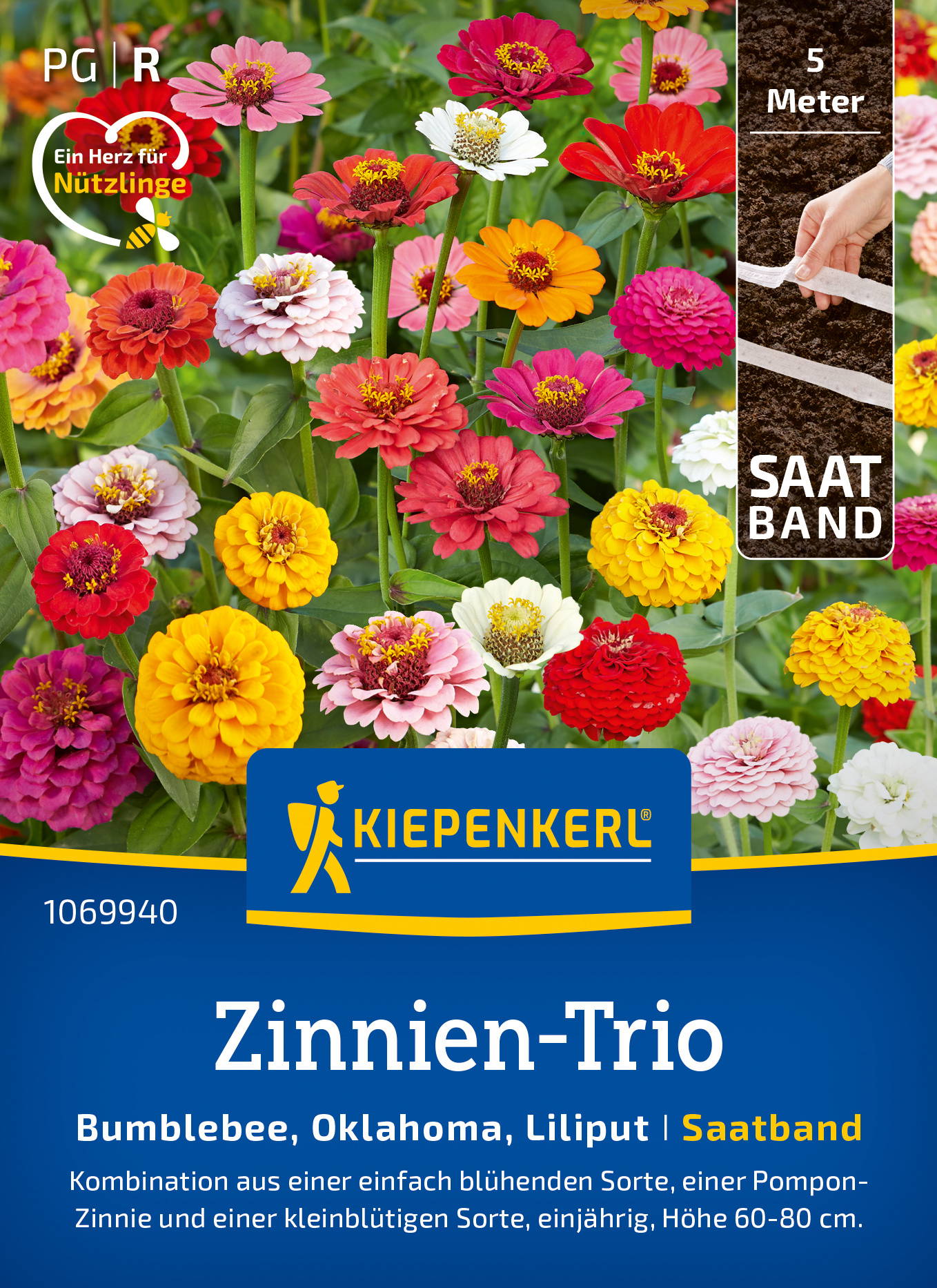 Zinniensamen-Trio Bumblebee, Oklahoma, Liliput, Saatband