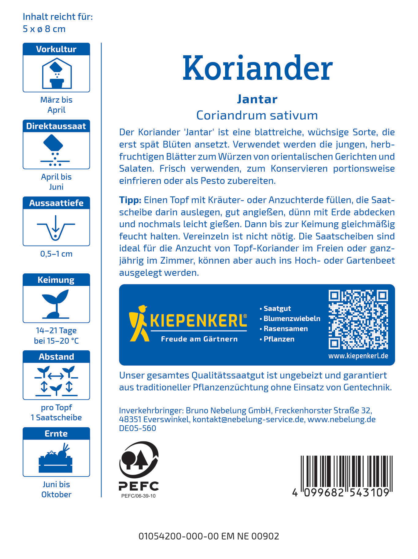 Korianderpflanze, Samen, QR-Code, Text und Logo auf blauer Hintergrund mit weißen und gelben Elementen.