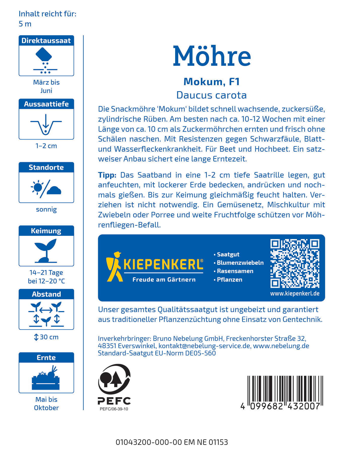 Informationen zu Möhre, mit Text, Icons und QR-Code auf hellblauem Hintergrund in deutscher Sprache.