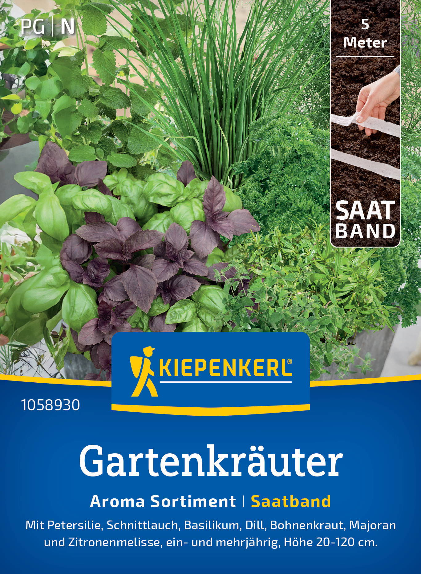 Verschiedene grüne und dunkelviolette Kräuter, inkl. Petersilie, Basilikum, Dill, Bohnenkraut, Majoran und Zitronenmelisse auf Verpackung.