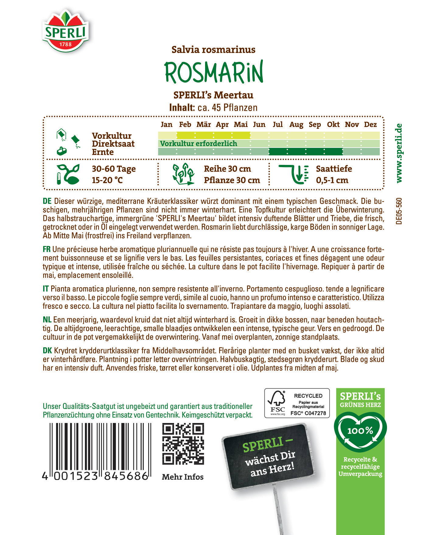 Beschreibung der Rückseite eines Rosmarin-Seed-Packets, enthält Anbauhinweise und Beschreibung.