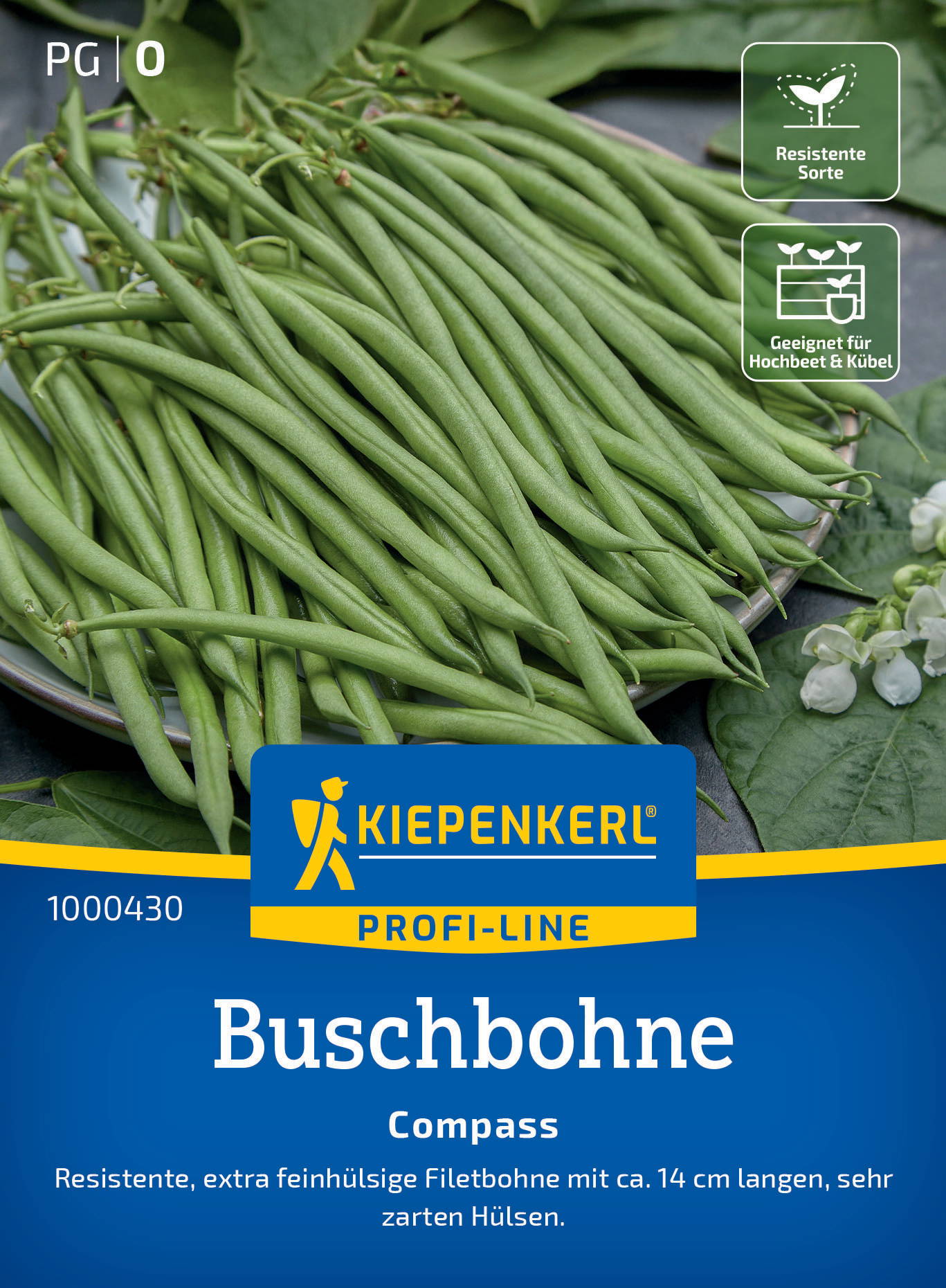 Grüne Buschbohnen auf einer Platte, Verpackung mit Kiepenkerl Logo und Produktbeschreibung.