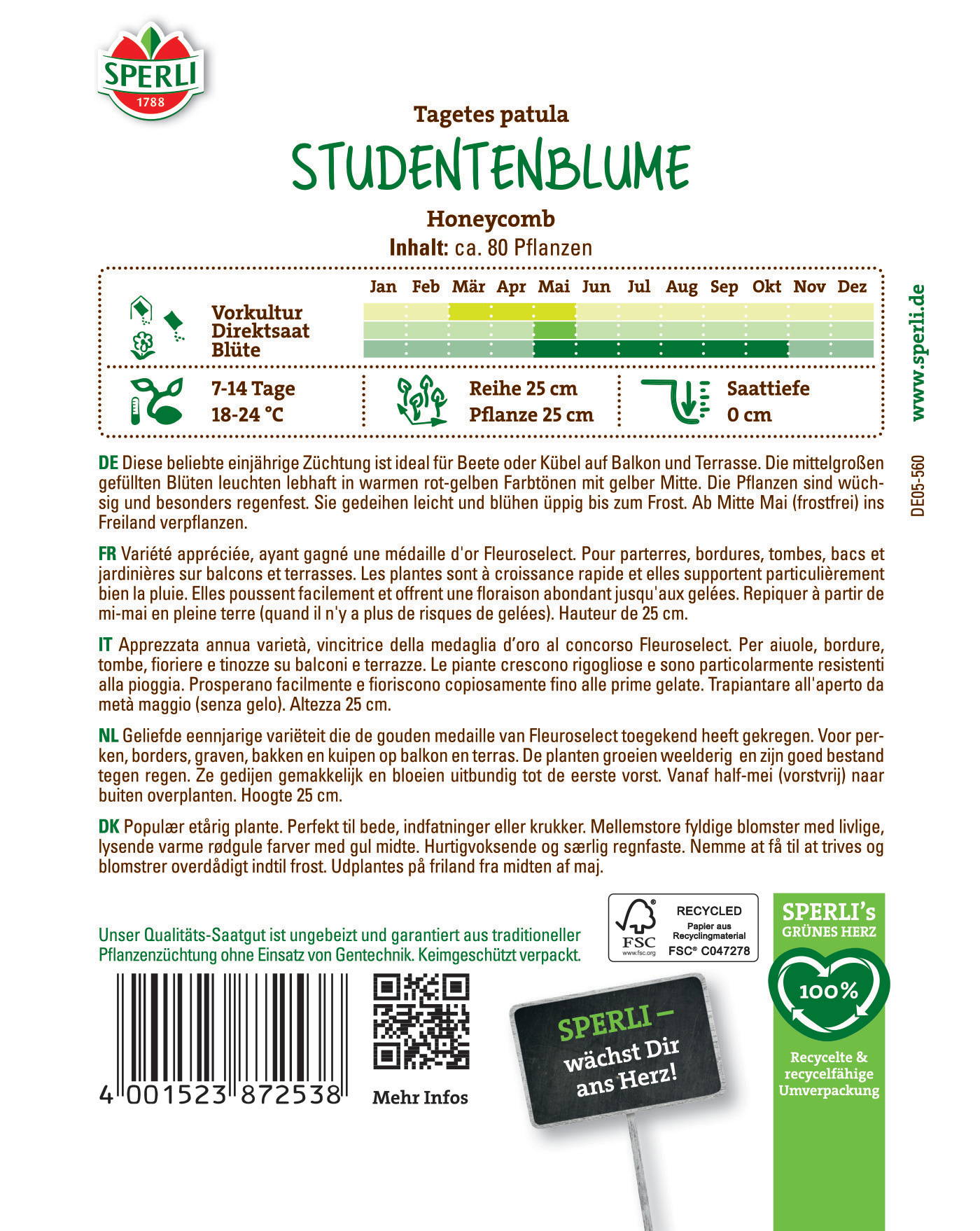 Blumenpackung mit Text in verschiedenen Sprachen, Barcode, QR-Code und Logo auf weißem Hintergrund.