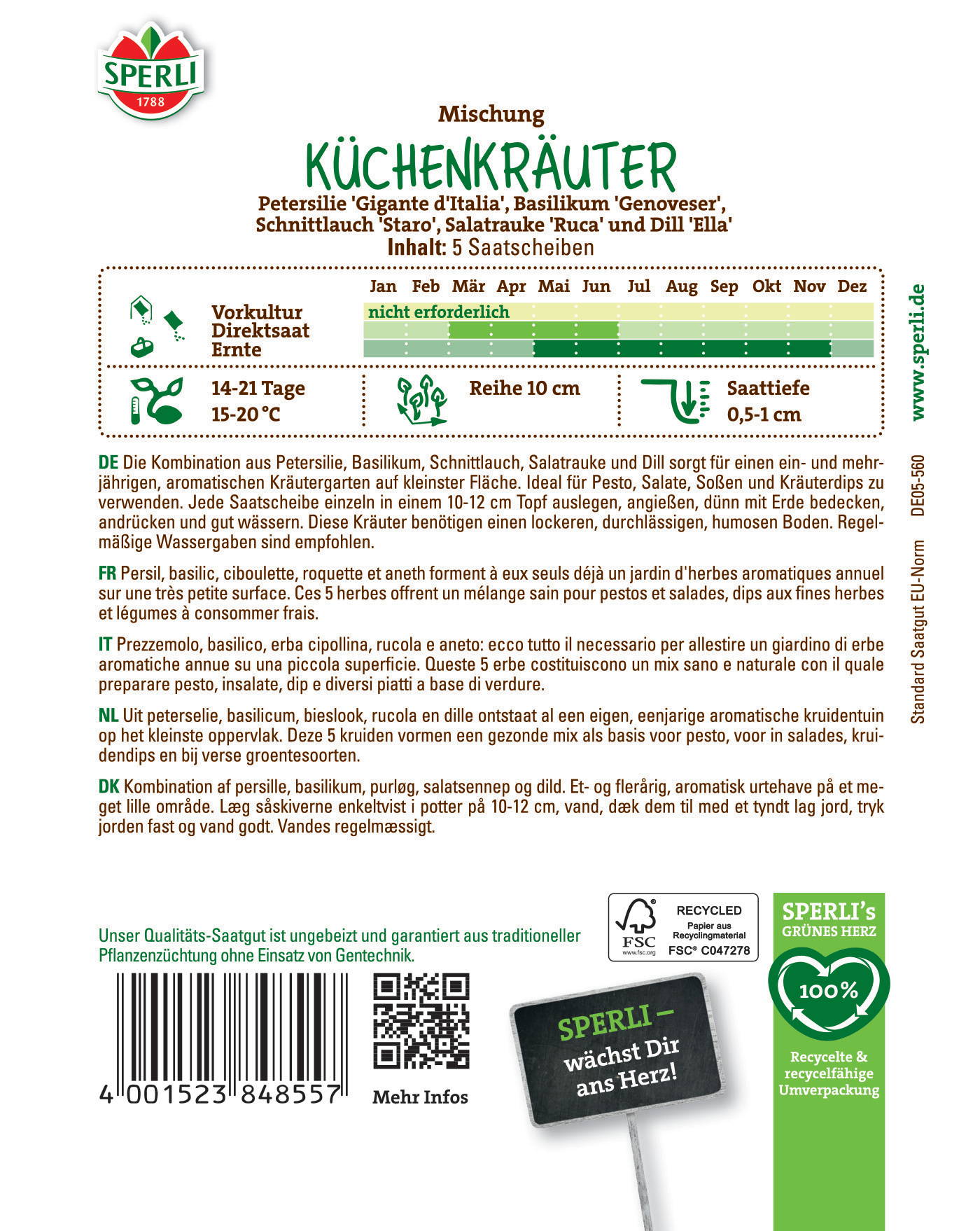 Packungsrückseite mit Anbauinformationen, Pflanzenname, Wachstumszeiten, Pflanzempfehlungen und Symbolen für Qualität.