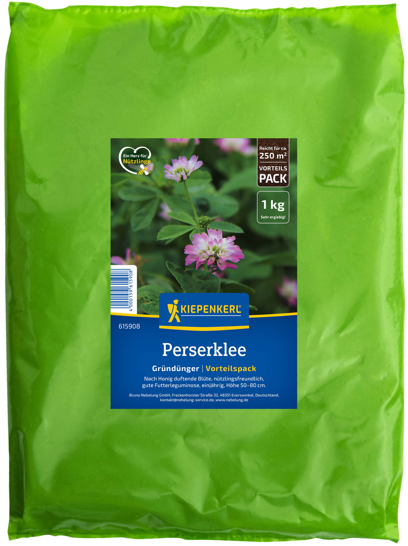 Packung mit 1 kg Perserklee Samen, grün, mit rosa Blüten und grünen Blättern auf der Verpackung.