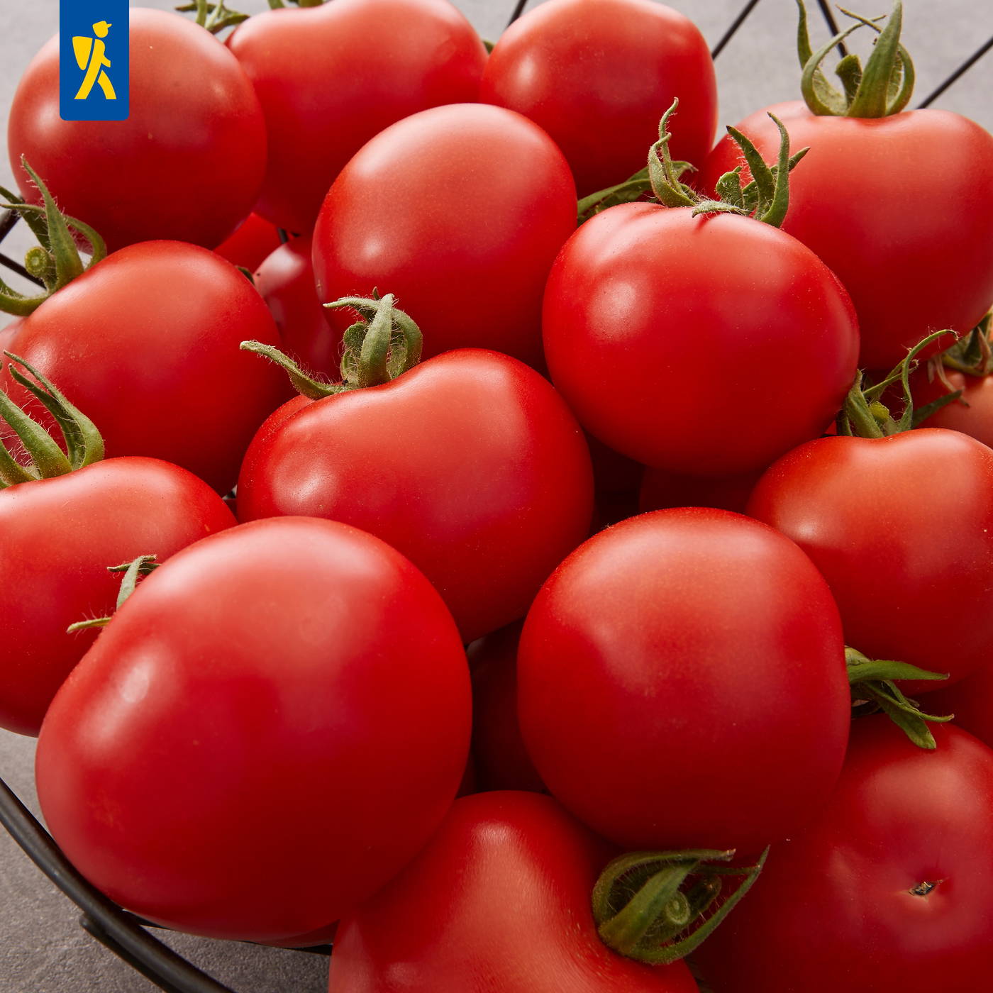 Frische rote Tomaten im Korb auf einem grauen Untergrund.