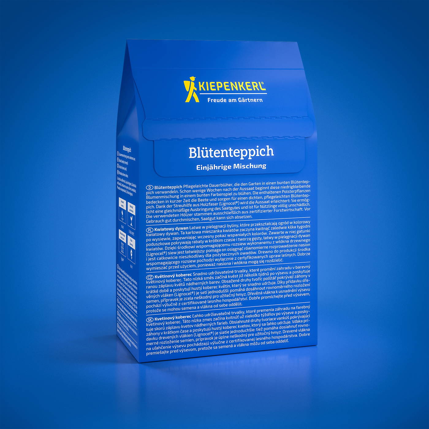 Blumentapet, einjährige Mischung, blauer Blumentapet-Behälter mit Text auf blauer Verpackung, Übersicht auf der linken Seite.