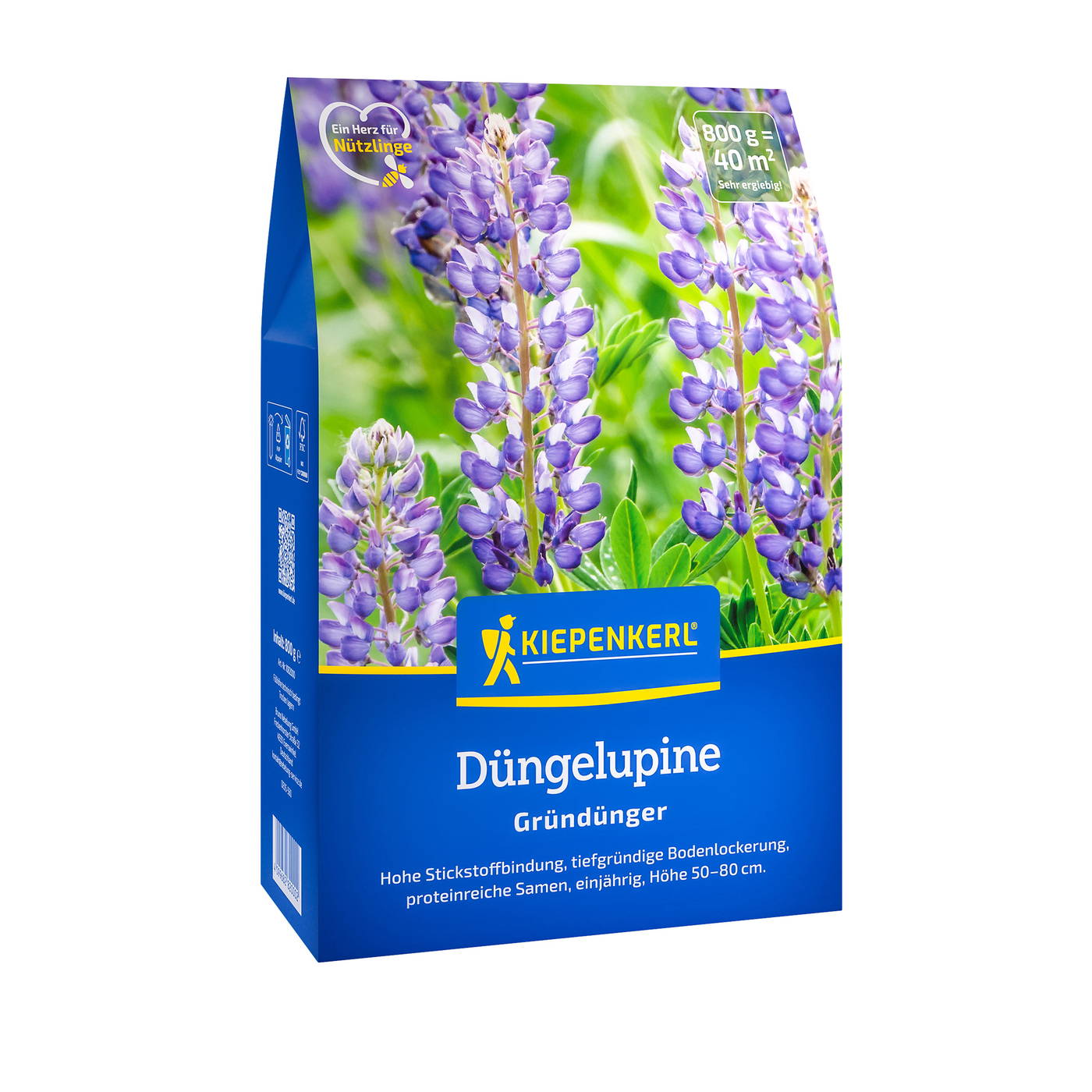 Buchstabenreiche blühende Düngelpflanze mit grünen Blättern auf blauer Verpackung.