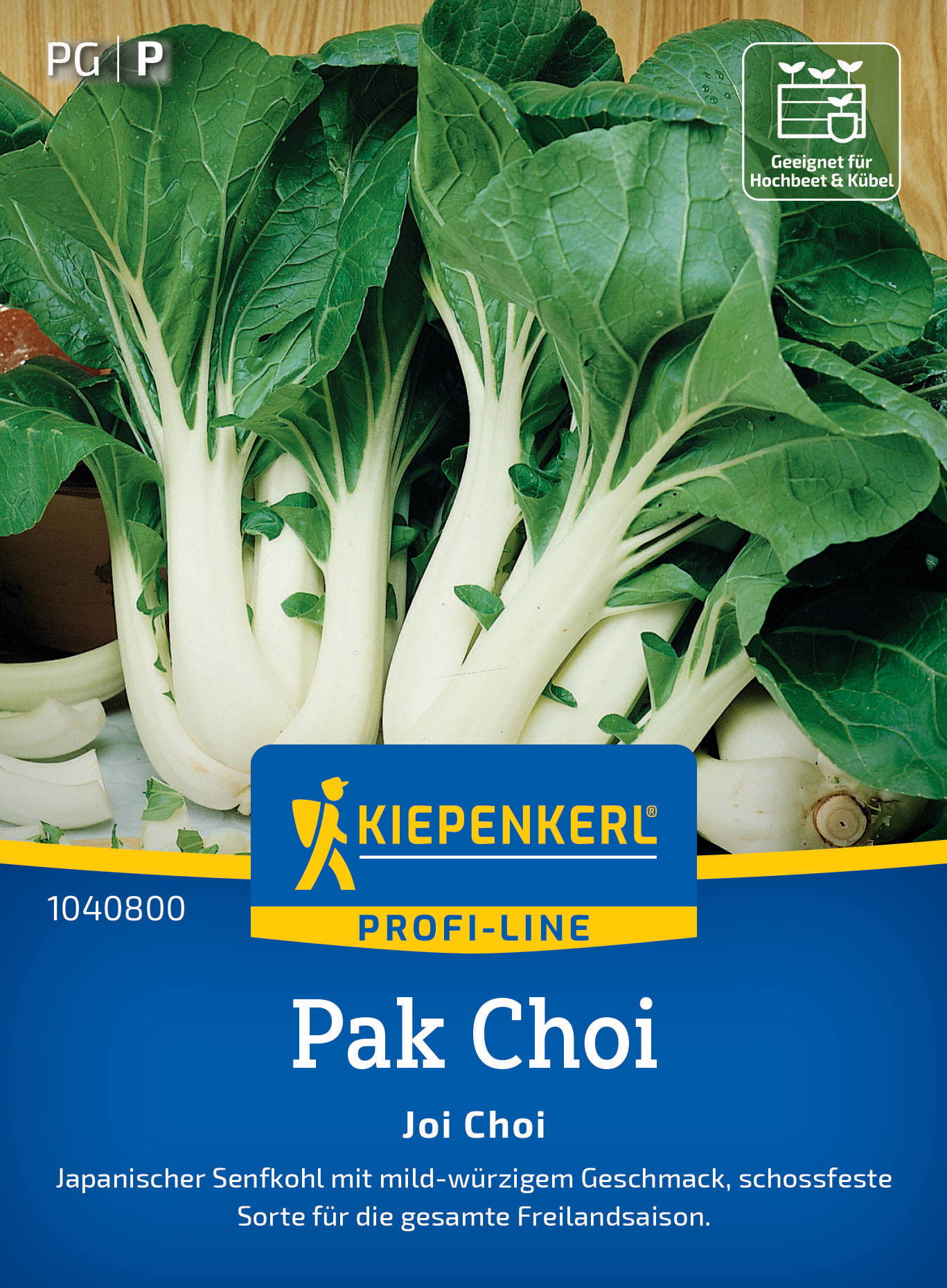 Junge Pak Choi mit grünen Blättern und weißen Stielen auf Verpackung, Blau mit Kiepenkerl-Logo.