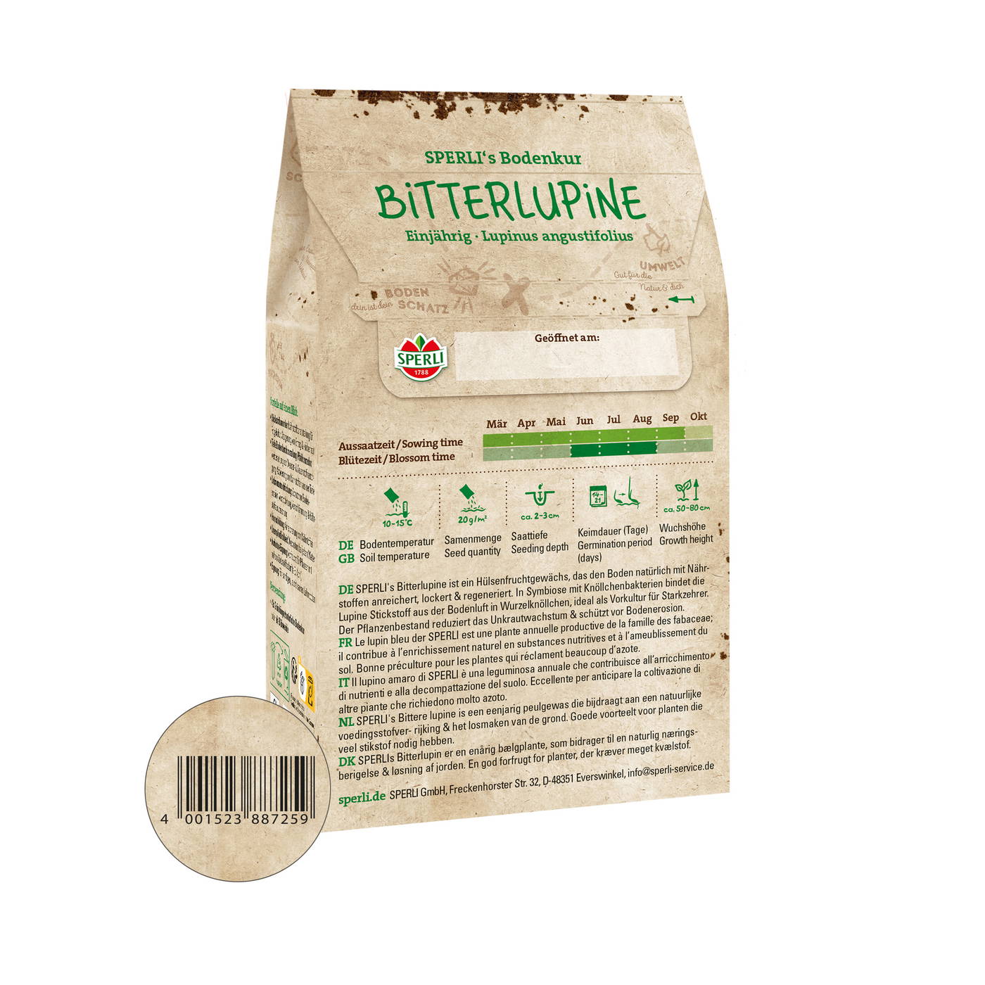 Papiertüte mit grüner Bärlauch- und Schriftmarke, Informations- und Anbaubeschreibung, Barcode am unteren Rand.