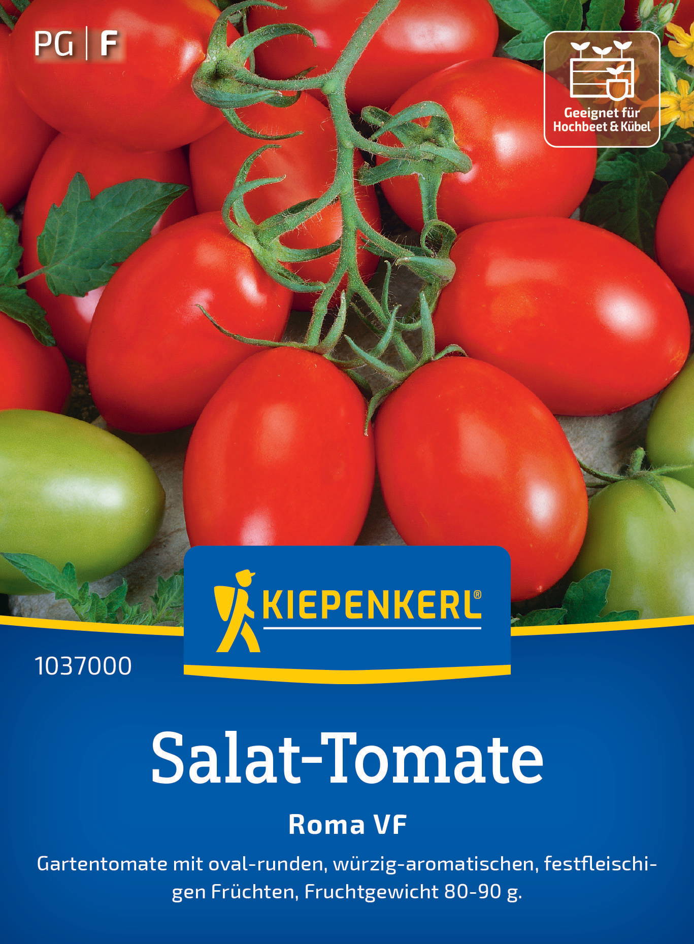 Rote und grüne Tomaten, grüne Blätter, Kiepenkerl Verpackung mit Produktinformationen.