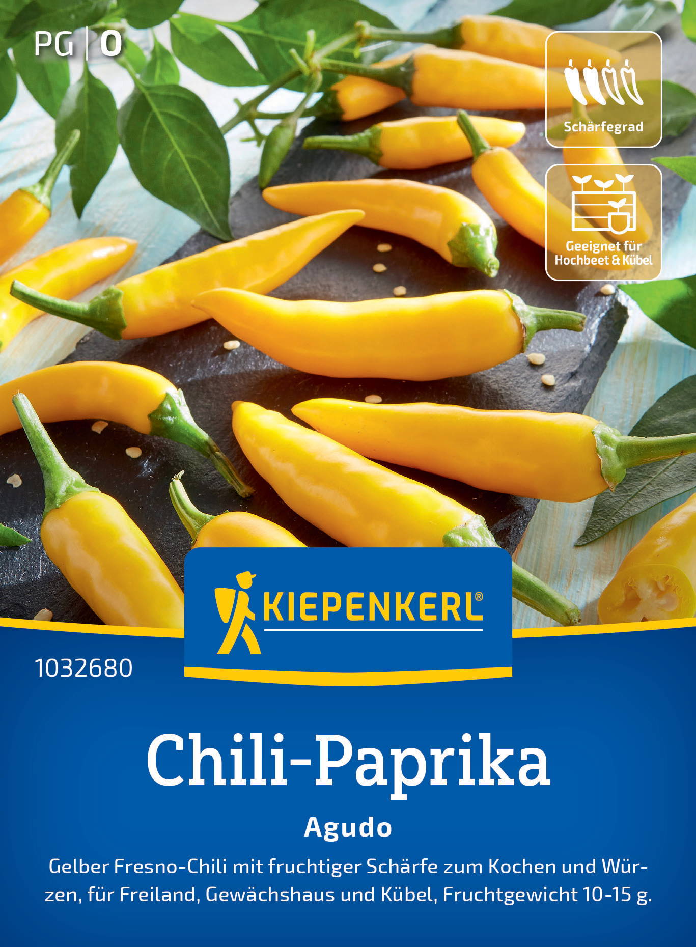 Gelbe Chili-Paprika auf schwarzem Stein mit grünen Blättern, Verpackung für Kiepenkerl Chili-Paprika Agudo.
