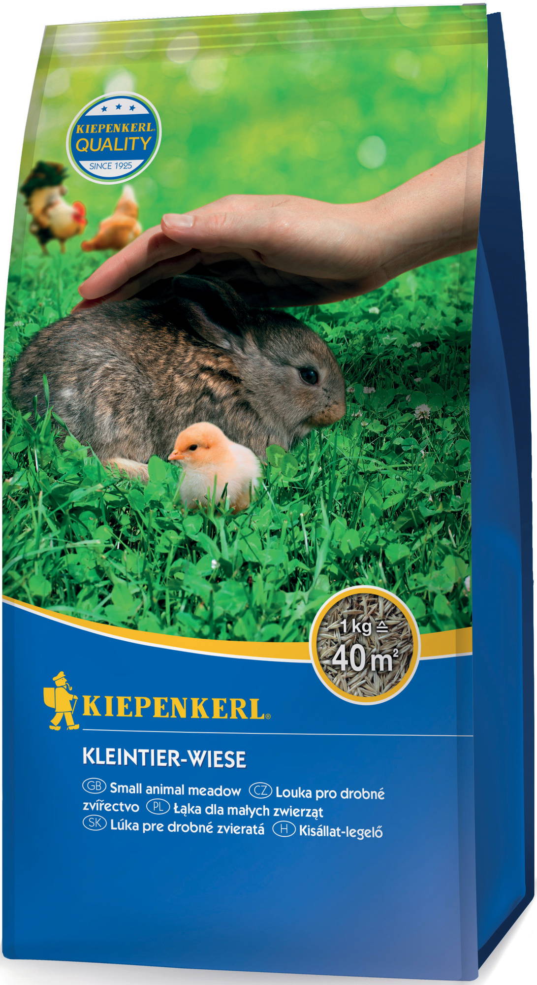 Grashüpfer, Hase, Küken auf grünem Gras, Hand hält den Hase, Verpackung mit Kiepenkerl Logo, Text und Symbolen.