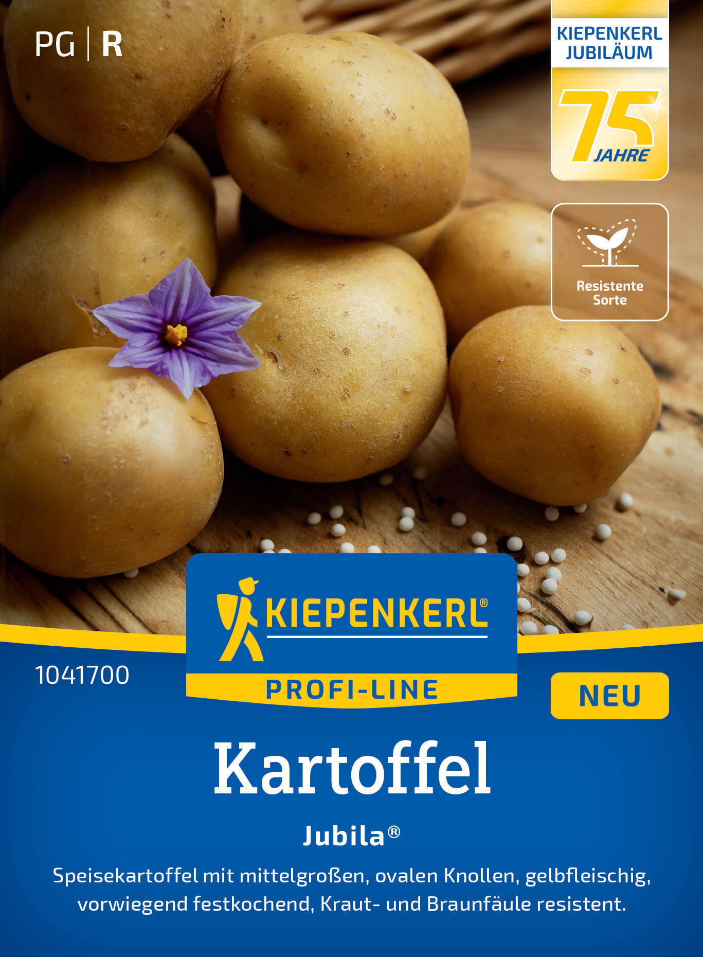 Mehrere gelbe Kartoffeln mit blauer Blüte auf Holzuntergrund, Text und Logo auf Verpackung.