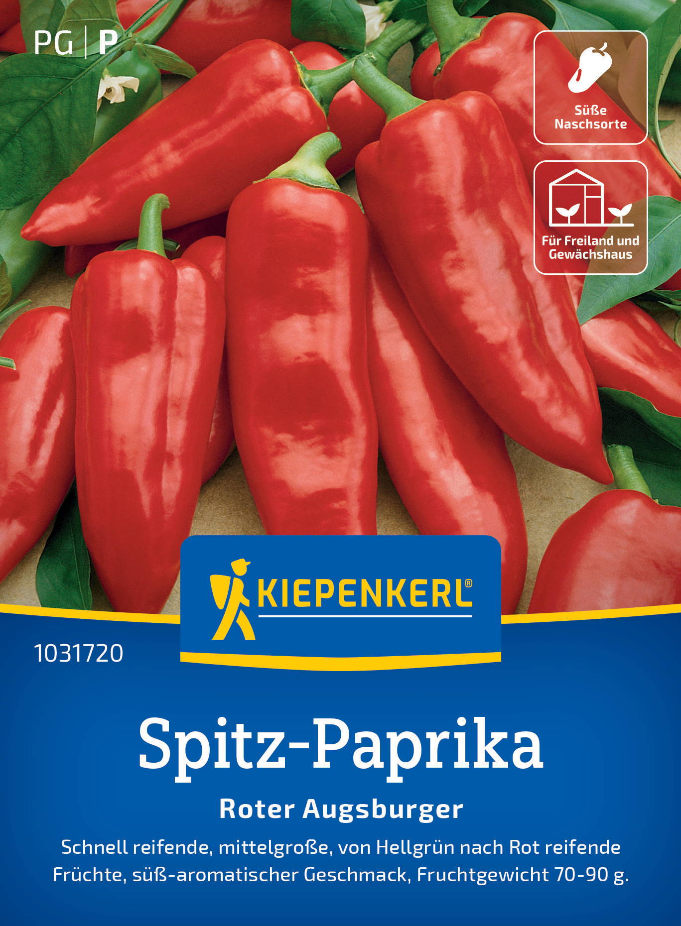 Rote, längliche Spitzpaprika mit grünen Stielansätzen und Blättern.