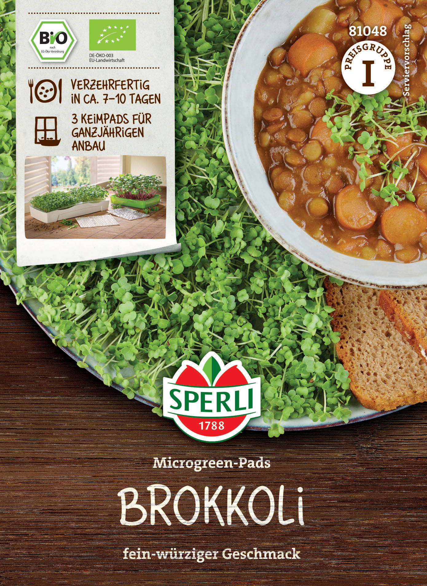 Bulgur disc in a bowl with carrots and microgreens, two slices of bread, and a packet of microgreen pads from Sperli.