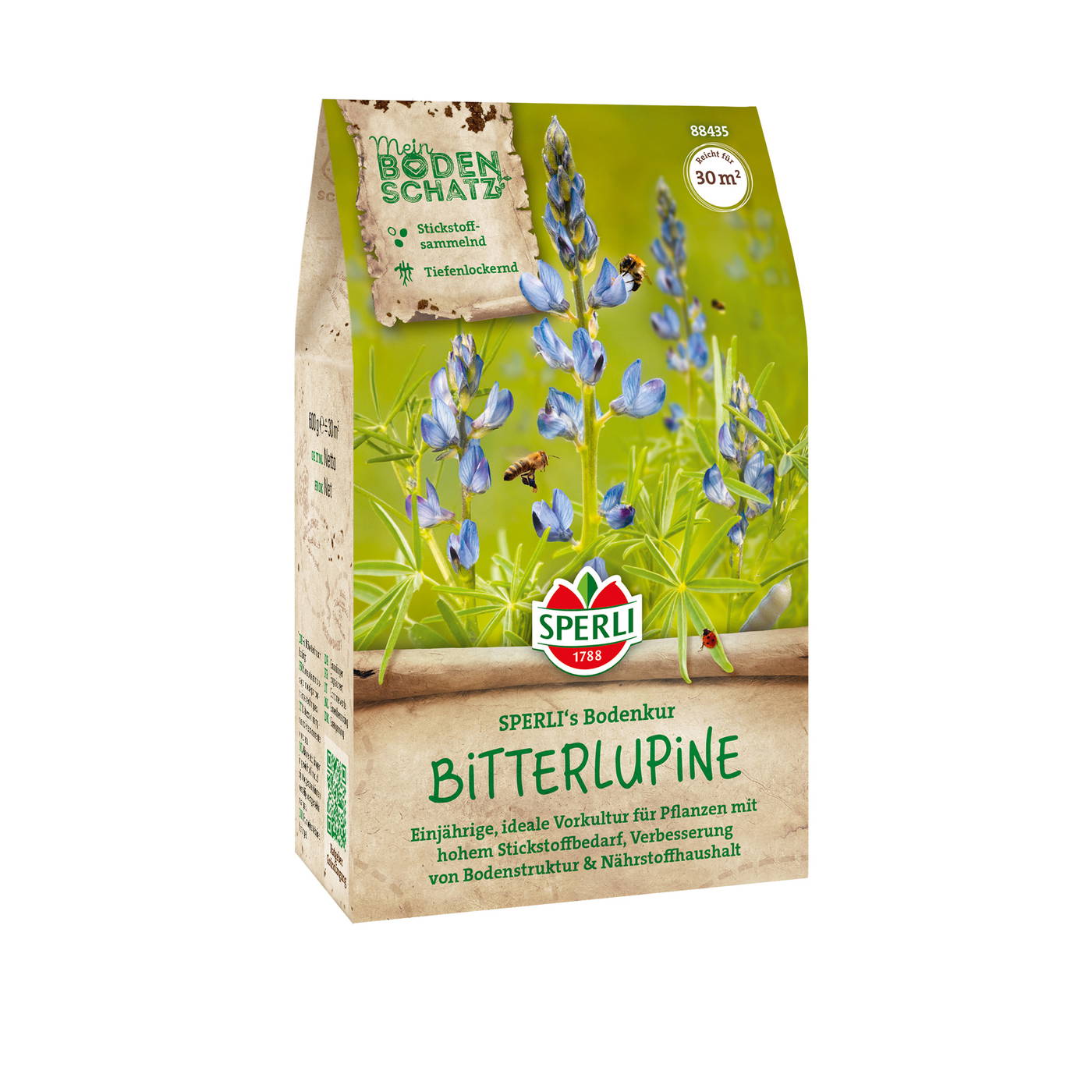 Samentüte mit blauen Bitterlupinenblüten und Bienen, grünem Hintergrund, Produktname und Beschreibung in Grüntönen.