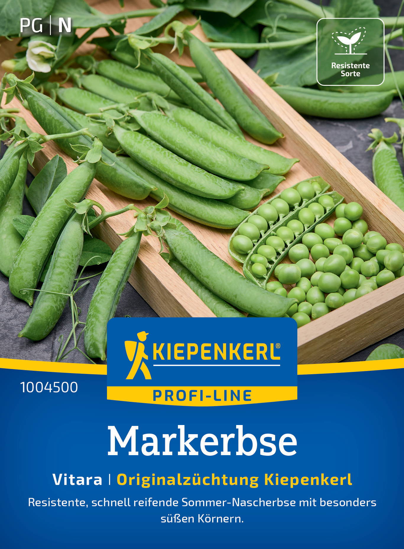 Grüne Klettererbsen und Piccolos in Holzschale, Kiepenkerl Verpackung, Text auf blauem Hintergrund.