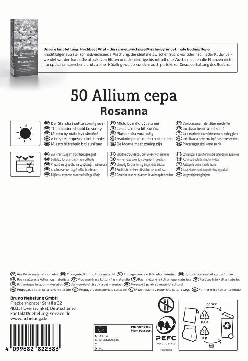 Beschreibung: Anzuchtanleitung für Allium cepa Rosanna in mehreren Sprachen, Symbole für Standort, Wasser, Pflanzung und Recycling.