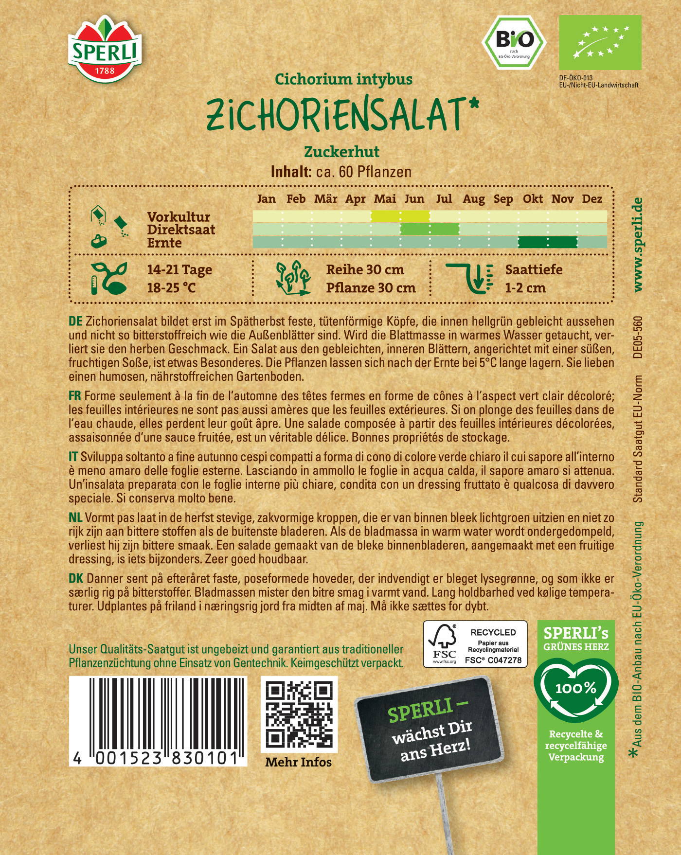 ZichorienSalat mit Zuckerrhut, ca 60 Pflanzen, wächst März bis Oktober, 14-21 Tage, 18-25°C, inneren Blatt, Salat.