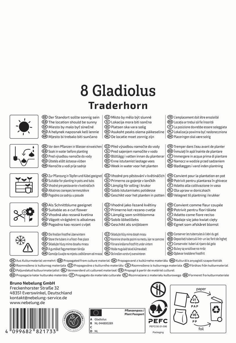 Anleitungstext und Symbole für den Standort, das Gießen, das Pflanzen in Töpfen, Schnittblumen, frostresistente Pflanzen und kulturelle Hinweise.