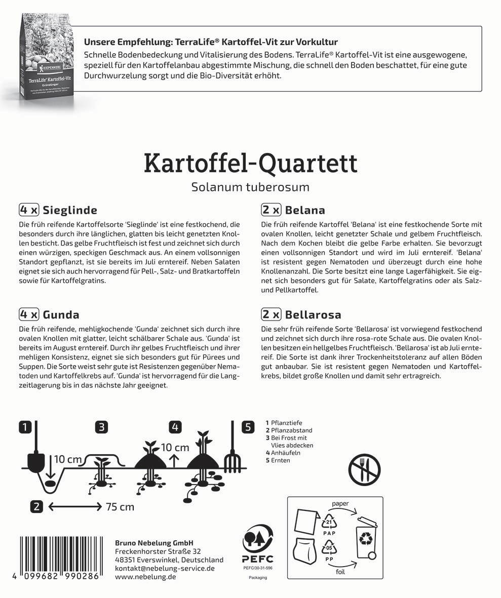 Text auf dem Bild beschreibt verschiedene Kartoffelsorten, Wachstumsanleitungen und Pflegehinweise.