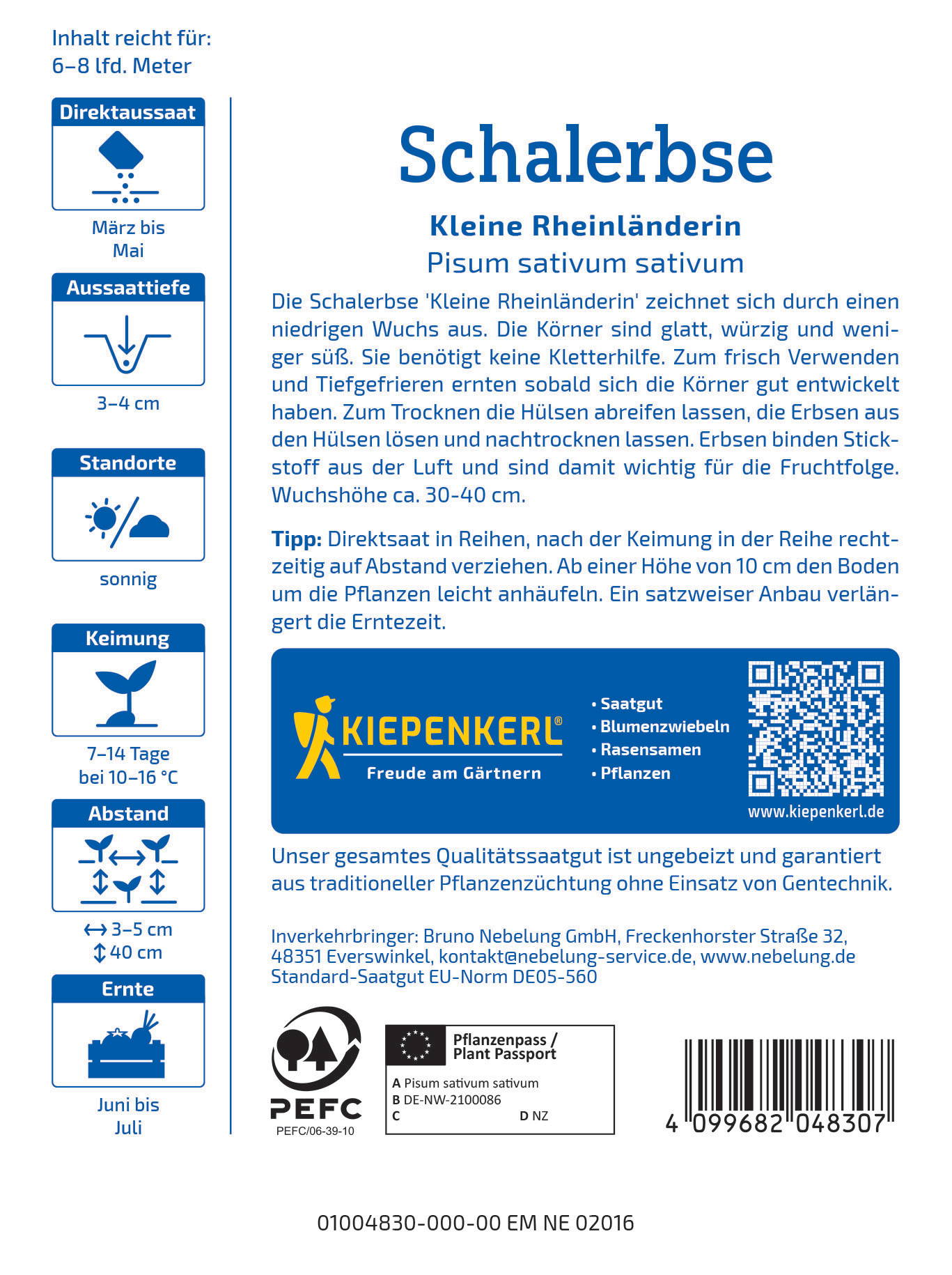 Anleitung für Samen: Schalerbse Kleine Rheinländer, hellgrüne Schalerbse, Blühende Pflanzen, QR-Code, Logo, Barcode, Text.