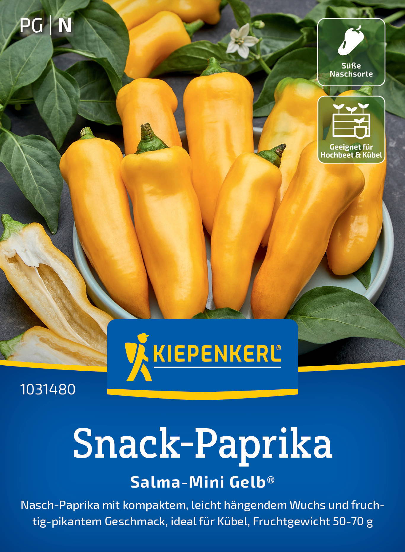 Gelbe Snack-Paprika in einer Schale mit grünen Blättern, einige halbiert, Verpackung mit Kiepenkerl Logo und Text.