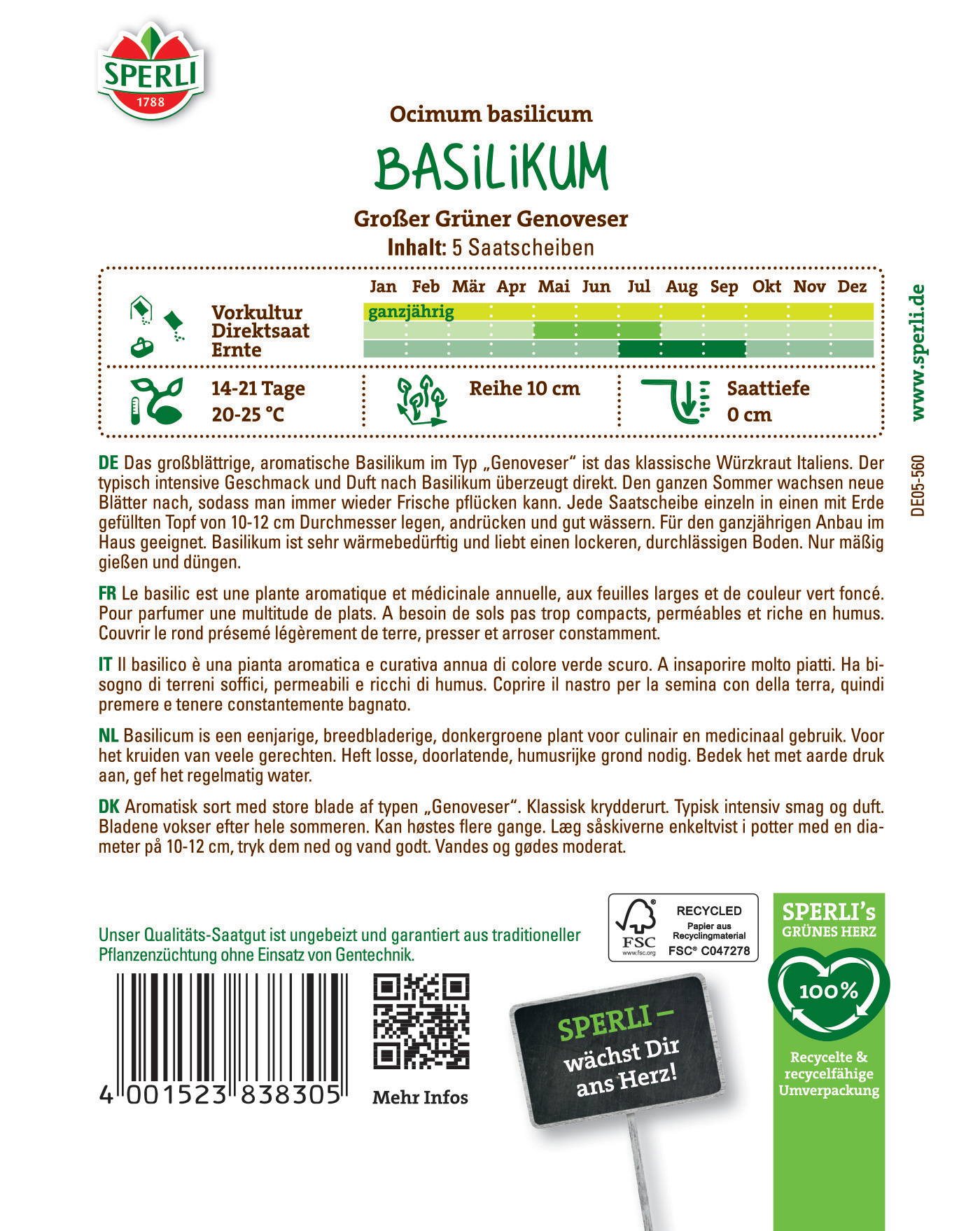 Basilikum Saatenschale mit fünf Blättern, enthalten, grünes Blatt, Verpackung, Logo, QR-Code, Text.
