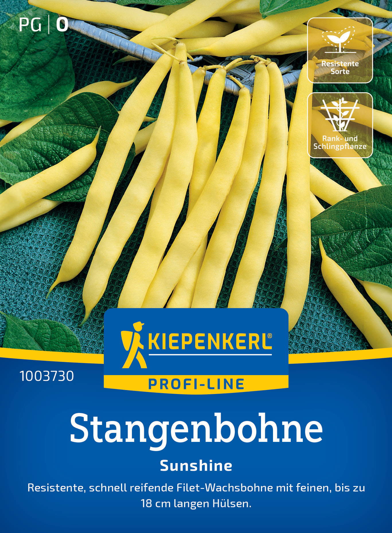 Gelbe Stangenbohnen mit grünen Blättern auf Verpackung.