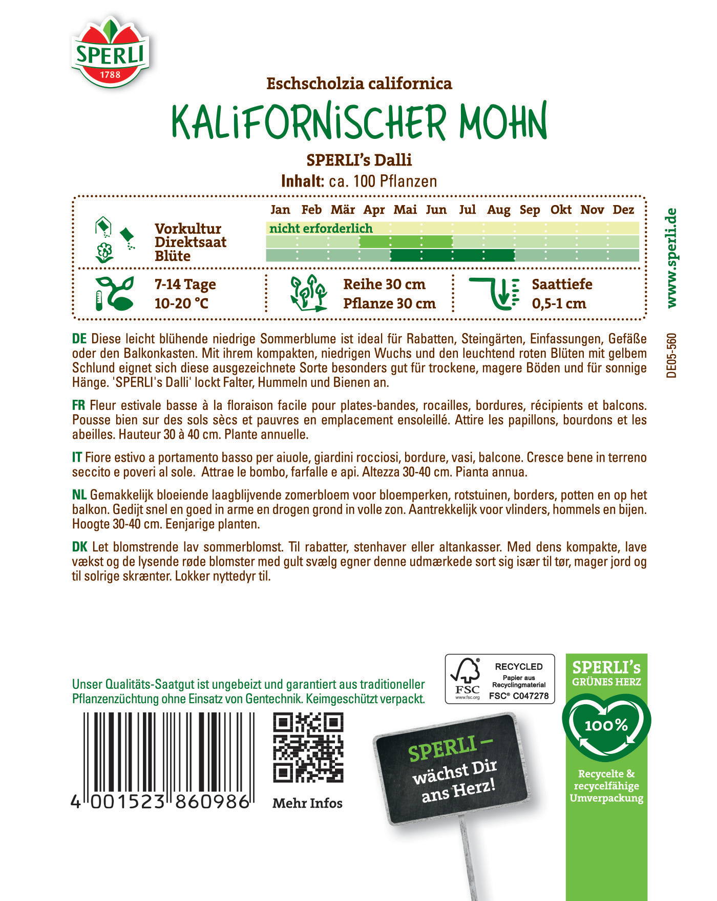 Kalifornischer Mohn, hauptsächlich im Juni bis August, wächst niedrig bis 40 cm, bevorzugt Sonne und feuchte Böden.