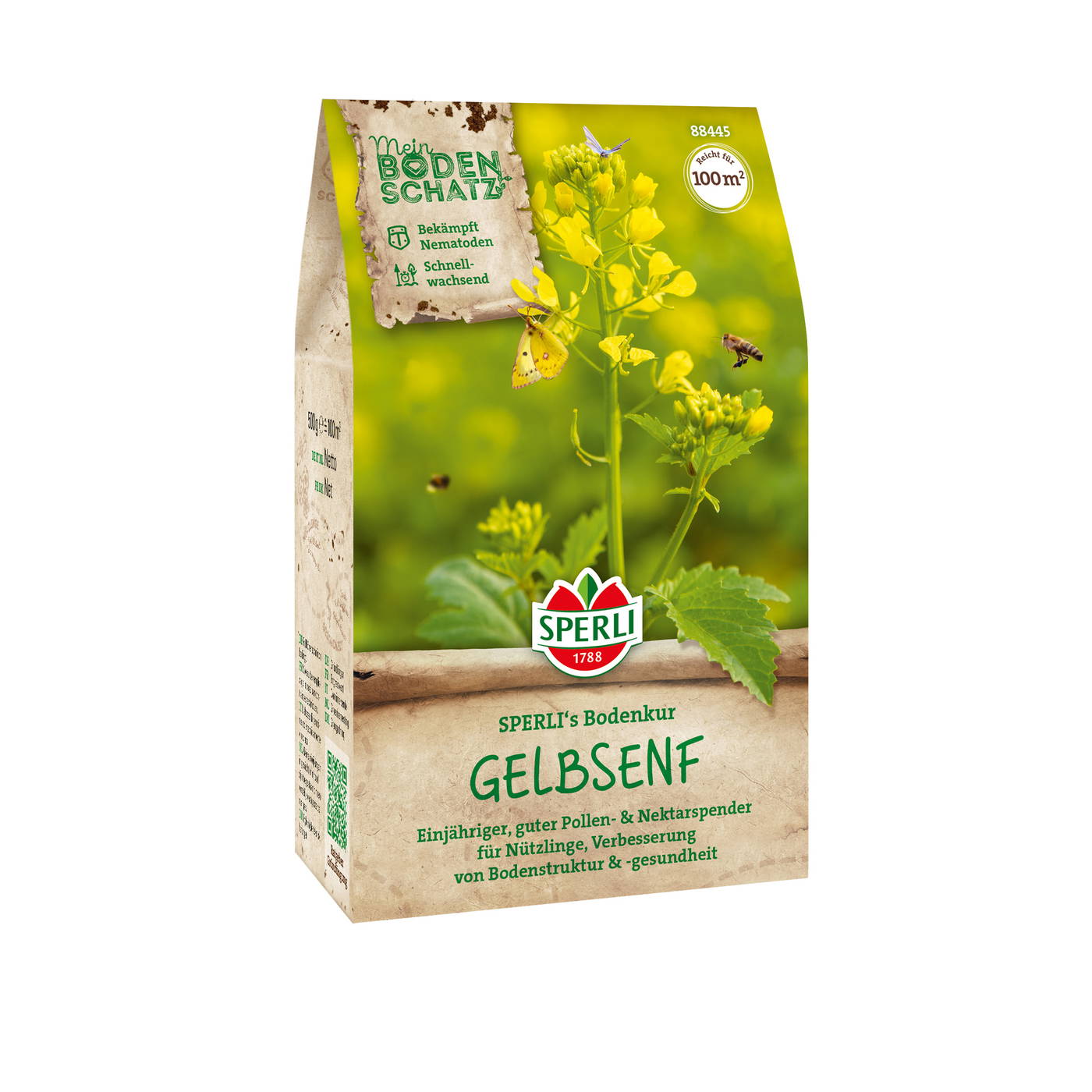 Paket mit gelbem Gelsenkraut Pflanze, Biene, Schmetterling und Blüten auf grünem Hintergrund.