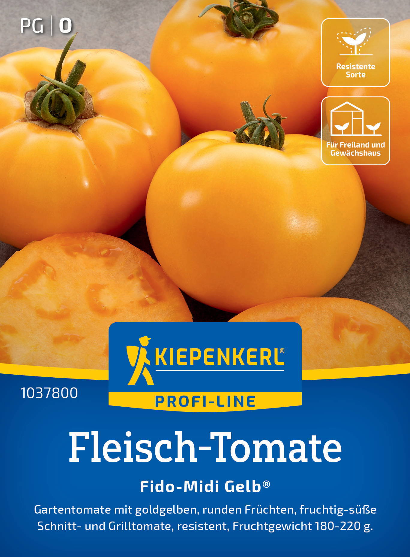 Gelbe Fleischtomaten mit gerillten und runden Früchten, auf grauem Hintergrund, Verpackung mit blauer und gelber Beschriftung.