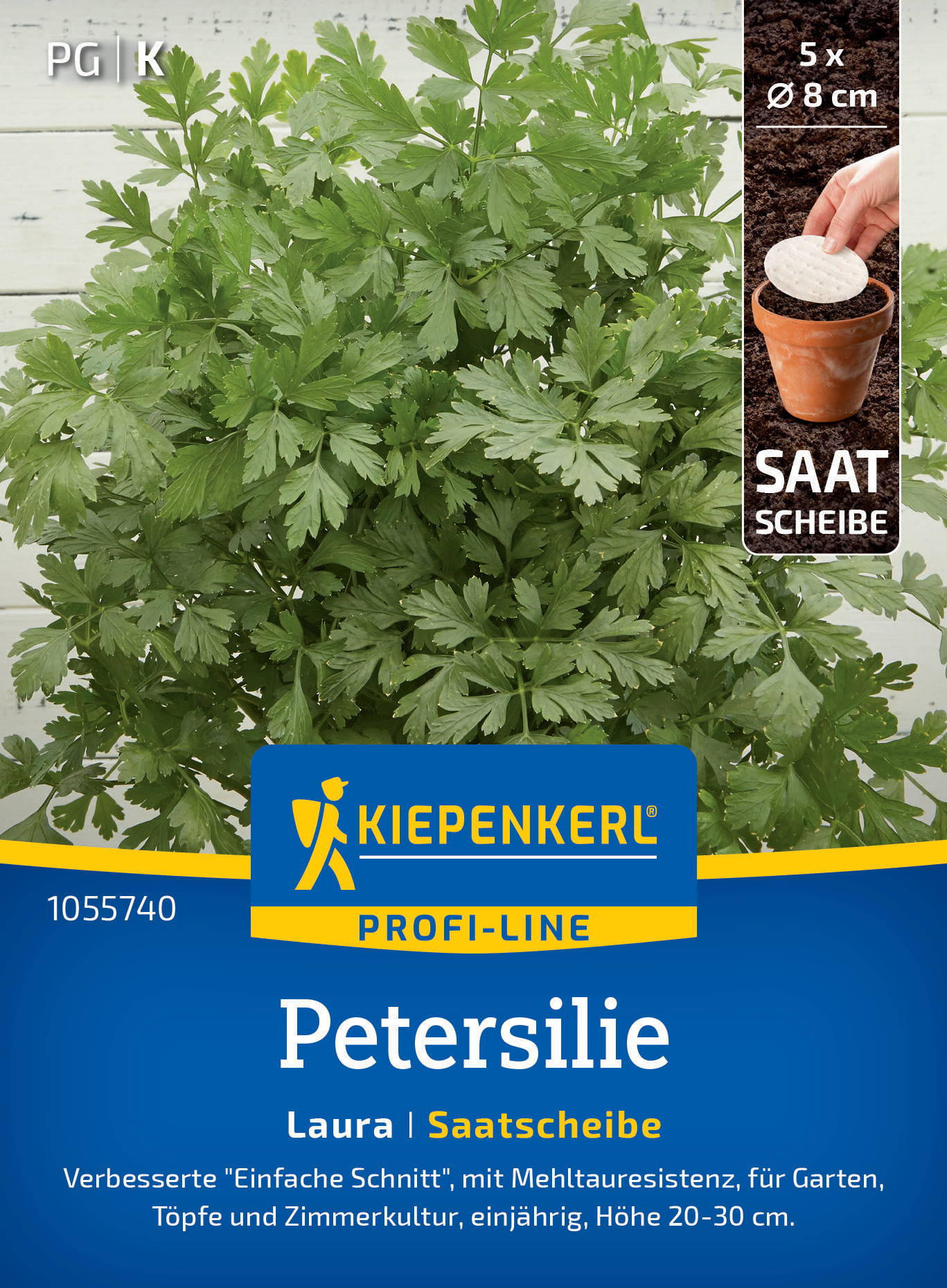 Petersilie Pflanze mit grünen, gezackten Blättern, Anzuchtanleitung, Saatscheibe, Kiepenkerl Logo, blauer Hintergrund.