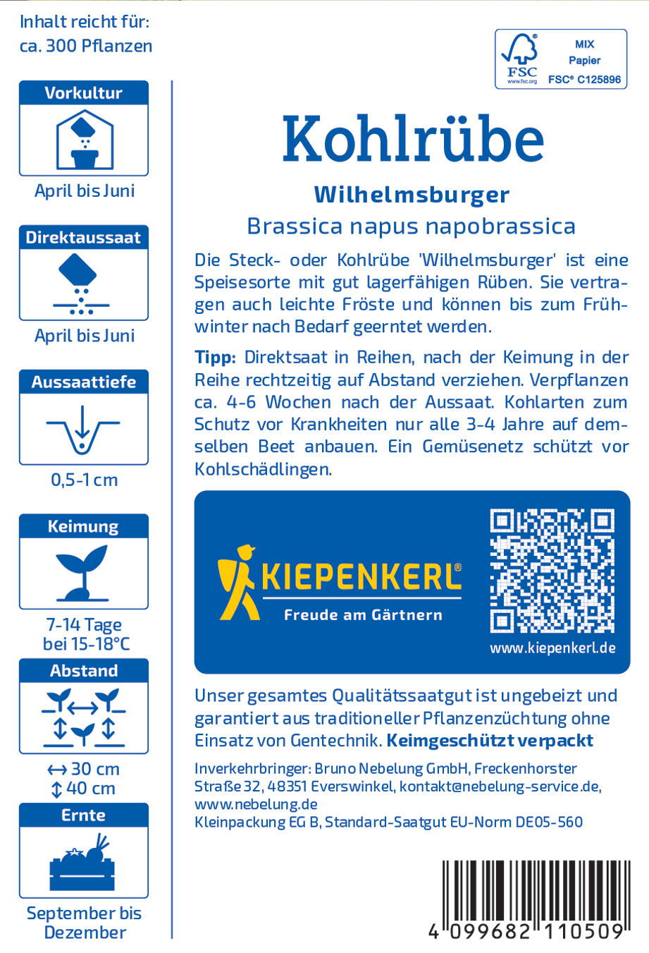 Kohlrübe Wilhelmsburger mit Rüben, winzige Wurzeln, dunkle Blätter, im Boden liegend, in Verpackung.