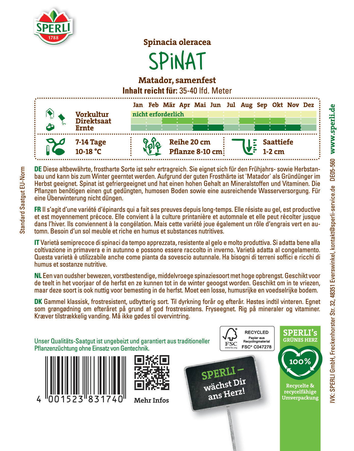 Etikett mit Informationen zu Spinatsorte, Anbau, Ernte, Pflanzung, Bestandteil, Pflegehinweisen und QR-Code.