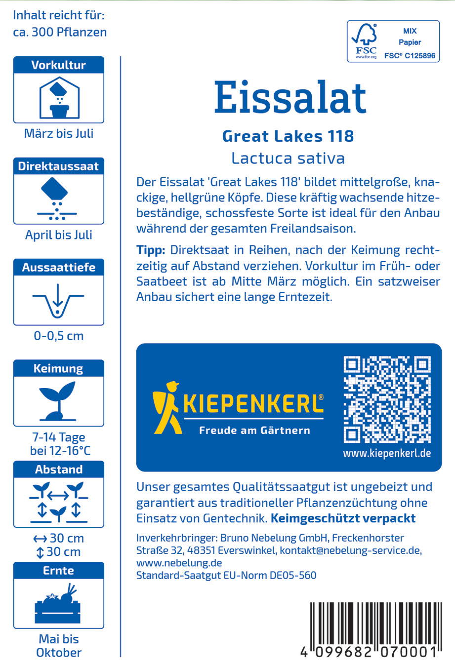 Verpackungsaufkleber für Gartensamen mit Pflanzinformationen und Logo der Firma Kiepenkerl.