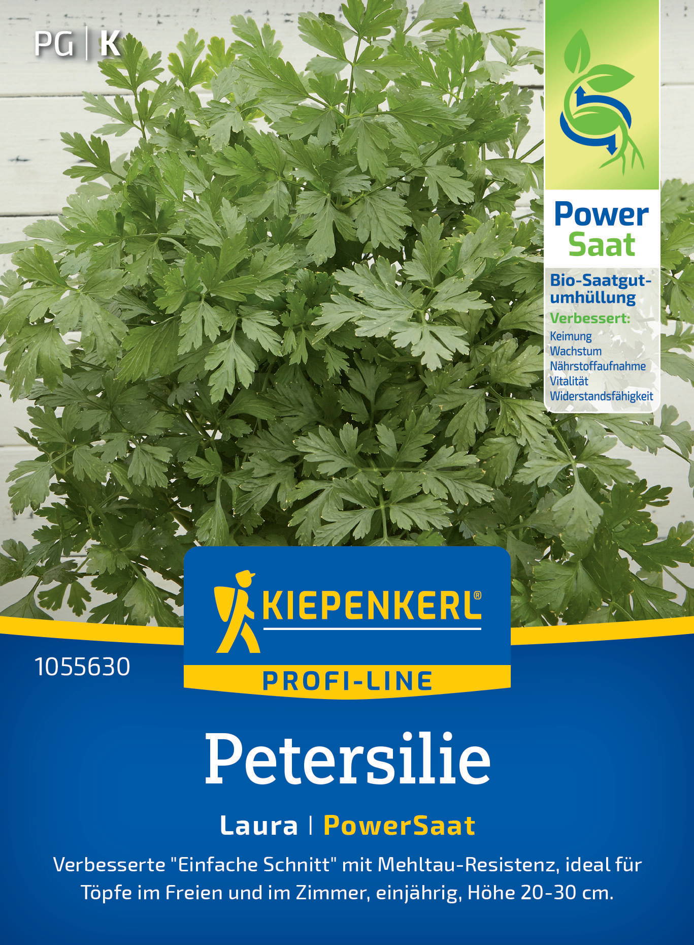Grüne Petersilienpflanze auf Verpackung mit Kiepenkerl Logo und Produktinformation in Deutsch.