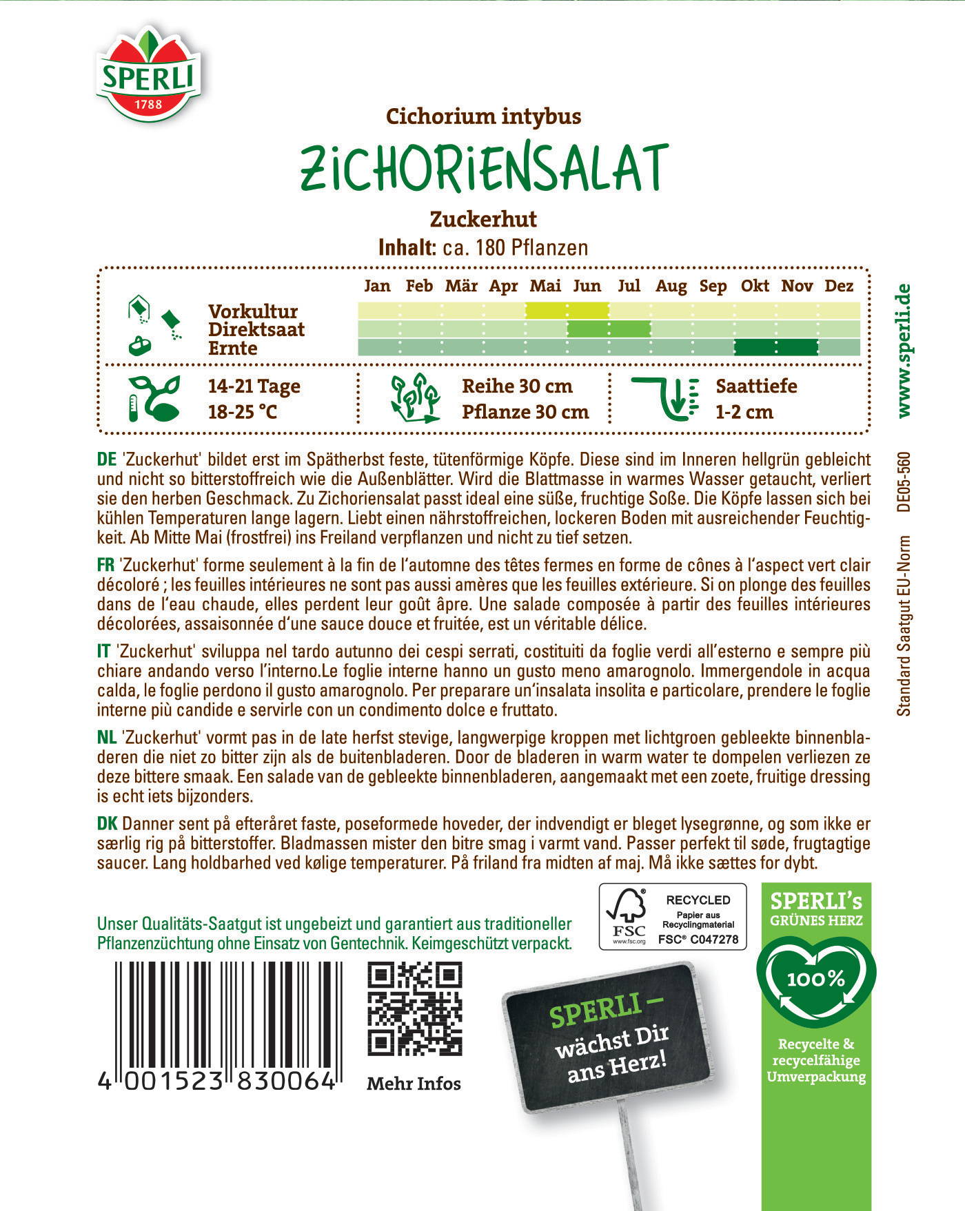 Text auf dem Bild: Verpackung mit grüner Spargel-Salatzulassung, Barcode, QR-Code, Text und Logos.