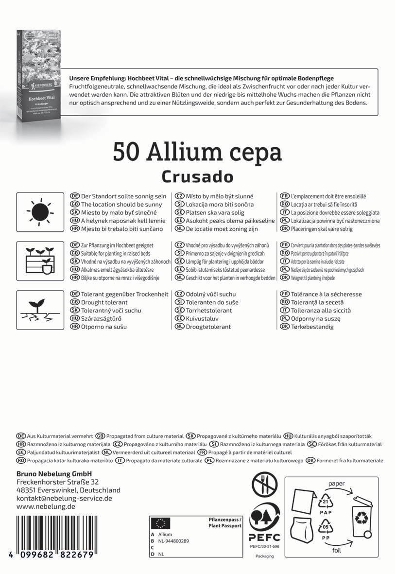 Anleitung für Allium cepa Crusado in mehreren Sprachen, mit Pflanzanweisungen und Pflegehinweisen.
