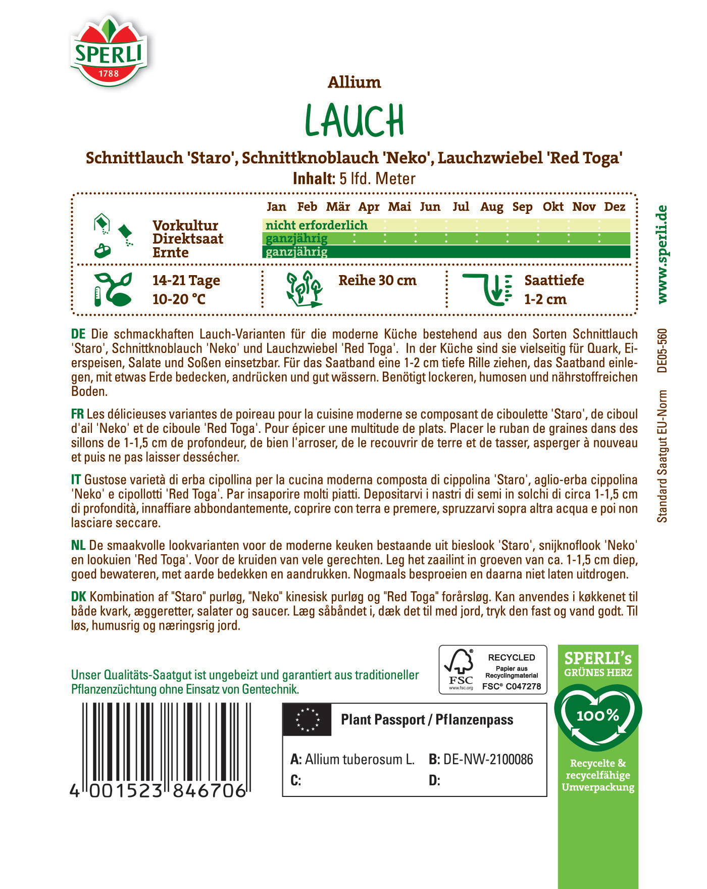 Paket mit Allium Lauch, inklusive Informationen zu Anbau, Pflanzung und Pflege auf Deutsch, Französisch, Italienisch, Niederländisch und Dänisch.