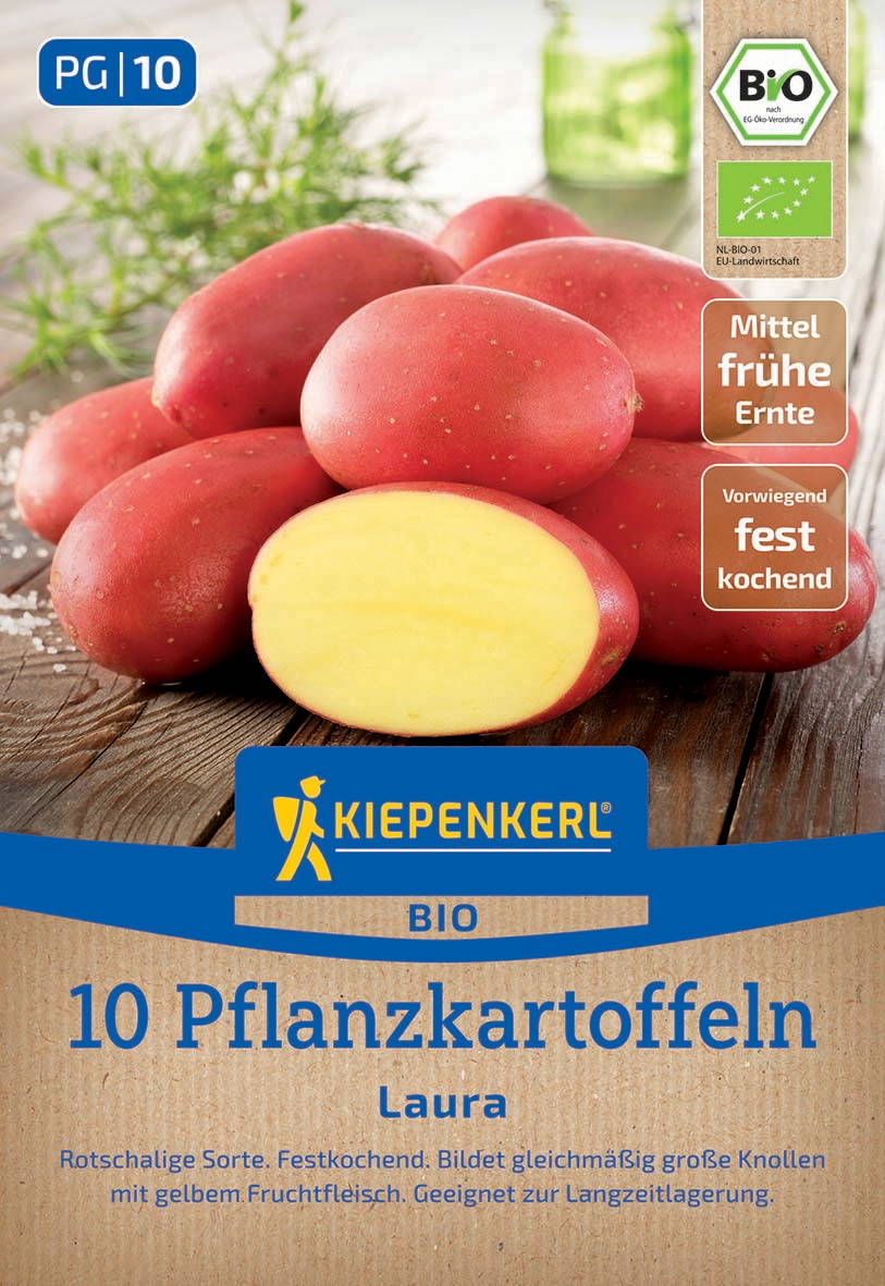 Zehn rote Pflanzkartoffeln, eine halbe aufgeschnitten, auf Holzbrett, Grünzeug im Hintergrund, Verpackung mit Bio-Labels.