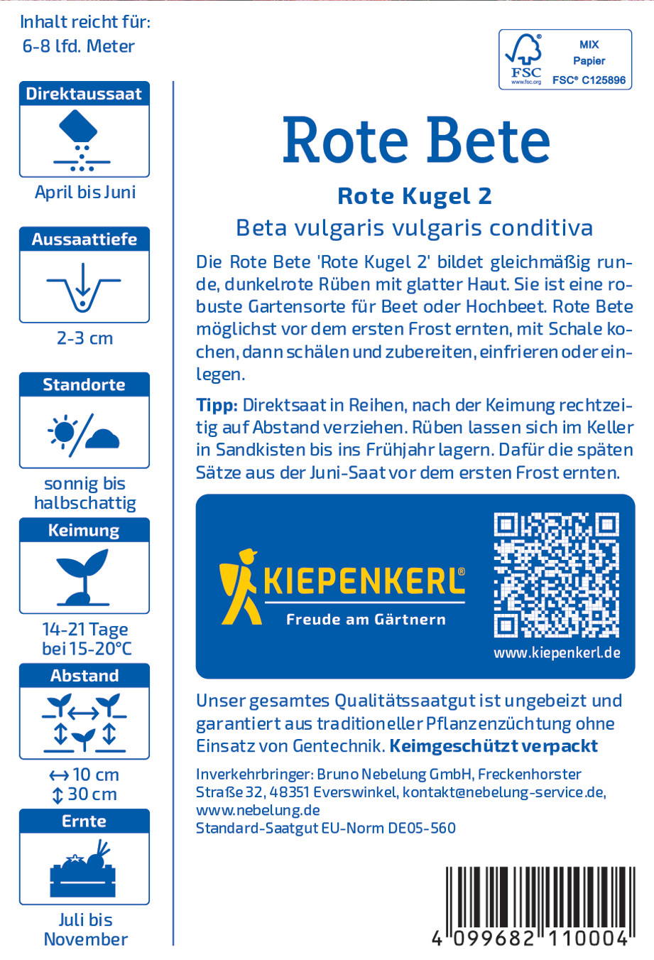 Rote Beten-Samen in blauer Verpackung mit QR-Code und Kiepenkerl-Logo.